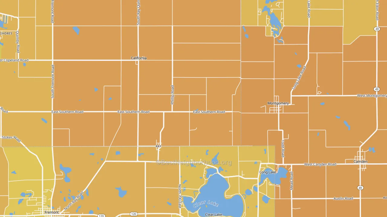 Map of the best neighborhoods in the 49255 area, with better matches in green and worse matches in red