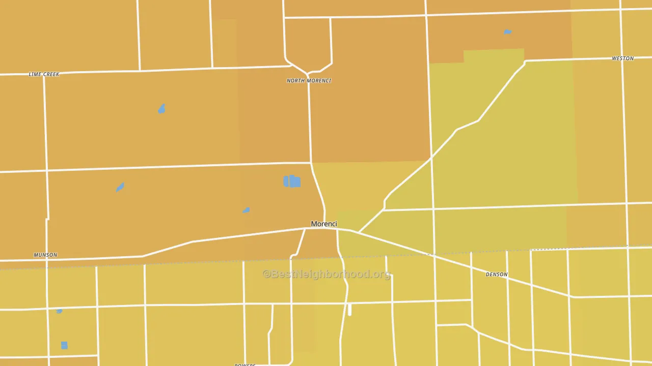 Map of the best neighborhoods in the 49256 area, with better matches in green and worse matches in red