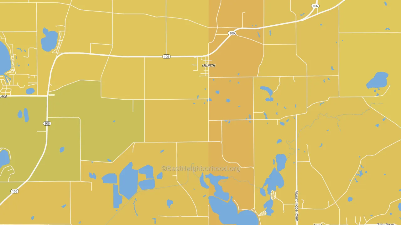 Map of the best neighborhoods in the 49259 area, with better matches in green and worse matches in red