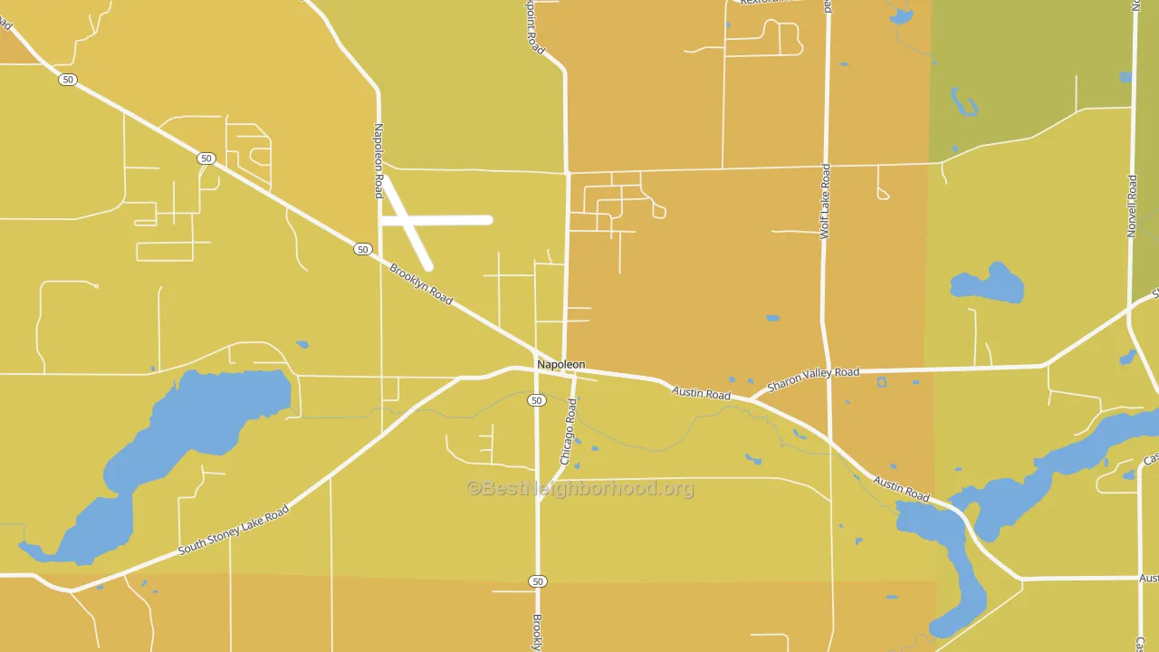 Map of the best neighborhoods in the 49261 area, with better matches in green and worse matches in red