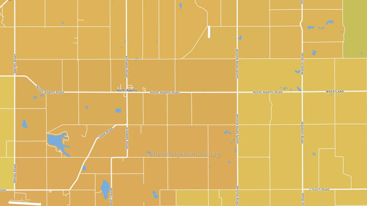 Map of the best neighborhoods in the 49262 area, with better matches in green and worse matches in red