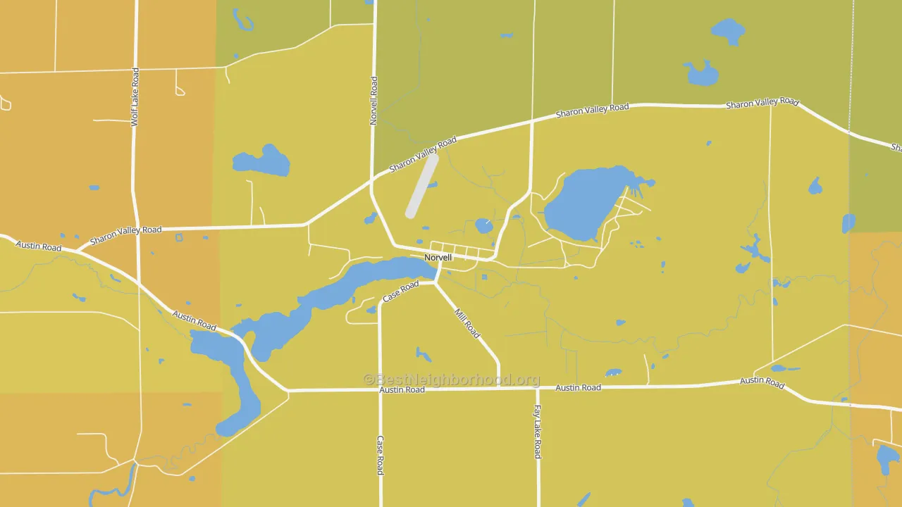 Map of the best neighborhoods in the 49263 area, with better matches in green and worse matches in red