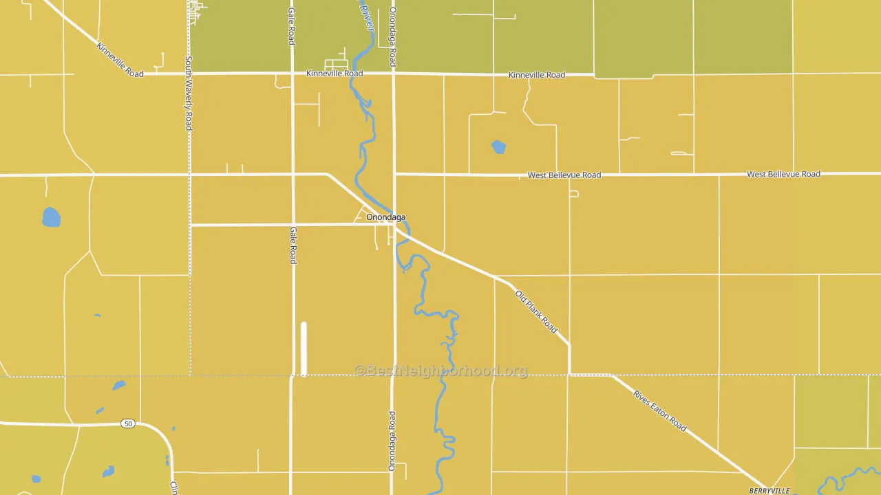 Map of the best neighborhoods in the 49264 area, with better matches in green and worse matches in red