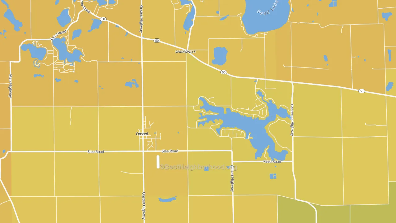 Map of the best neighborhoods in the 49265 area, with better matches in green and worse matches in red