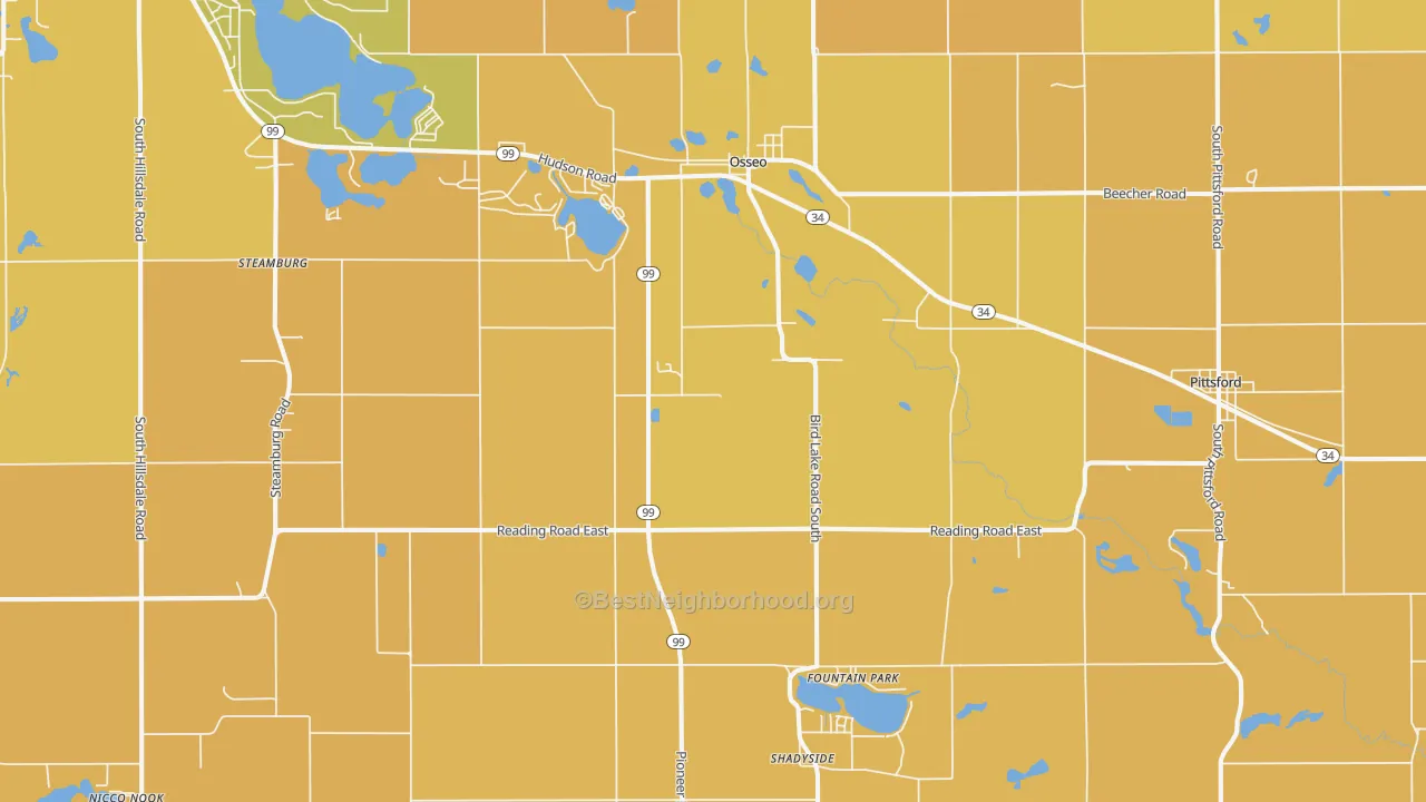 Map of the best neighborhoods in the 49266 area, with better matches in green and worse matches in red