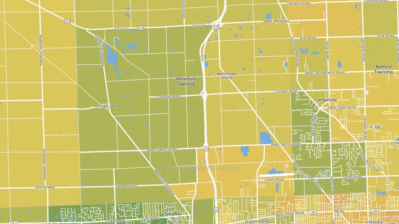 Map of the best neighborhoods in the 49267 area, with better matches in green and worse matches in red