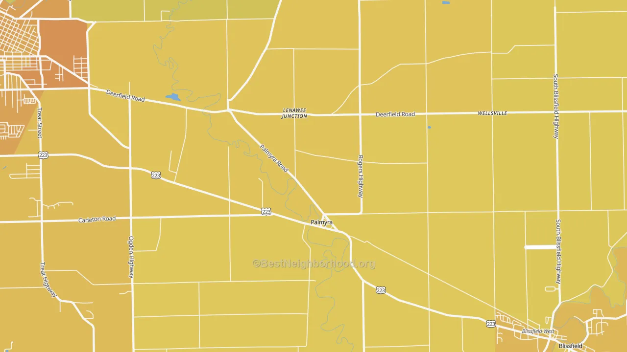 Map of the best neighborhoods in the 49268 area, with better matches in green and worse matches in red