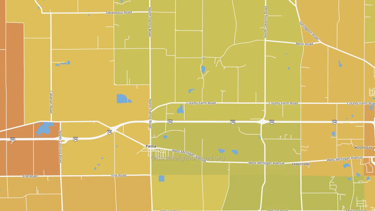 Map of the best neighborhoods in the 49269 area, with better matches in green and worse matches in red