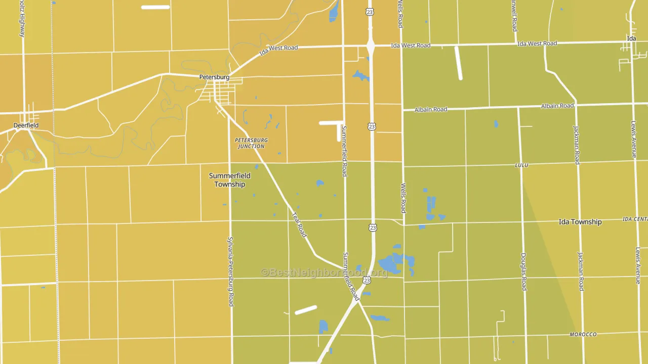 Map of the best neighborhoods in the 49270 area, with better matches in green and worse matches in red