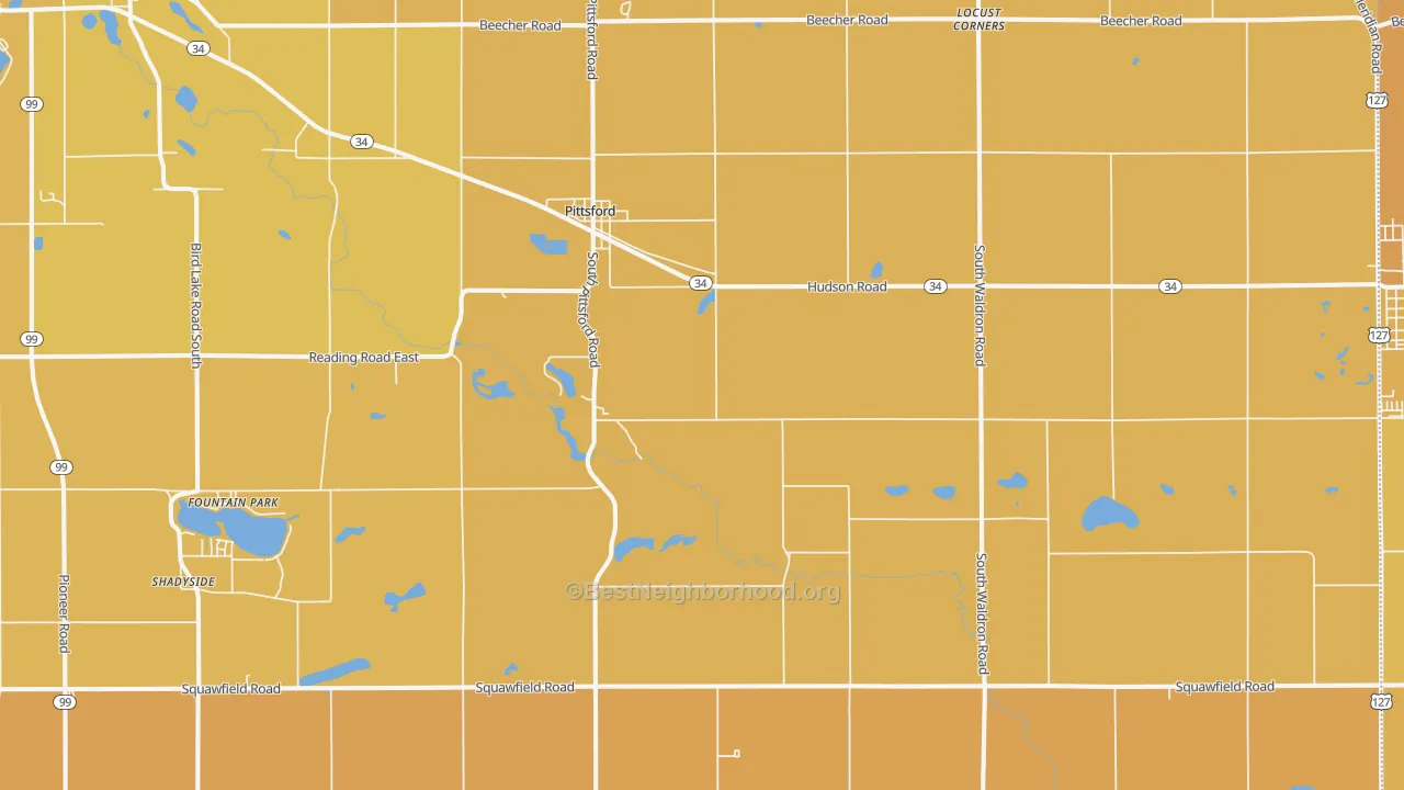 Map of the best neighborhoods in the 49271 area, with better matches in green and worse matches in red