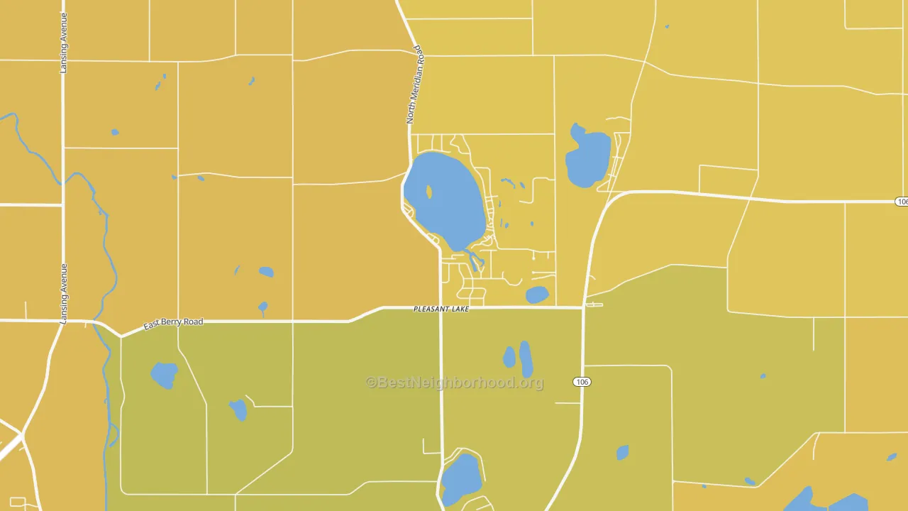 Map of the best neighborhoods in the 49272 area, with better matches in green and worse matches in red