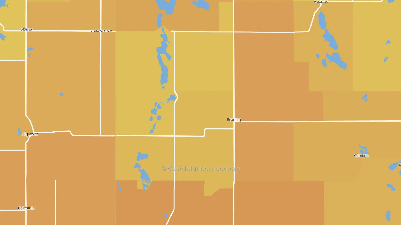 Map of the best neighborhoods in the 49274 area, with better matches in green and worse matches in red