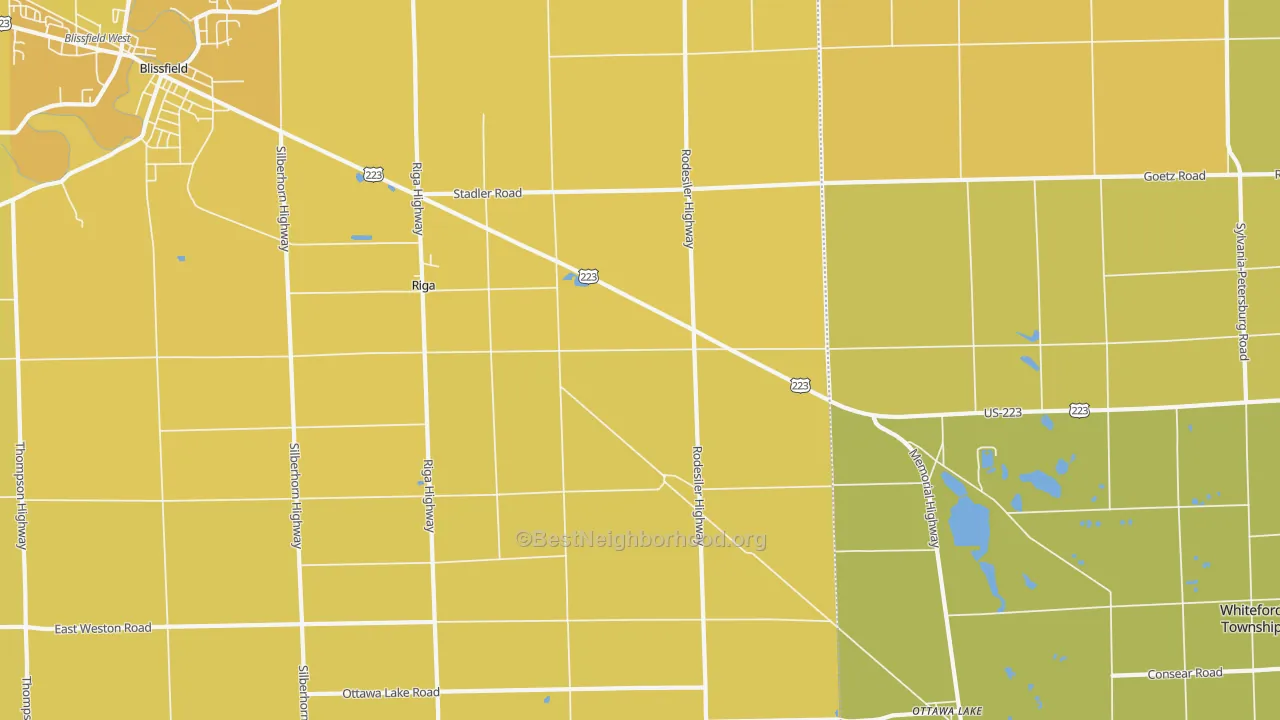 Map of the best neighborhoods in the 49276 area, with better matches in green and worse matches in red