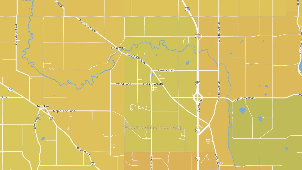 Map of the best neighborhoods in the 49277 area, with better matches in green and worse matches in red