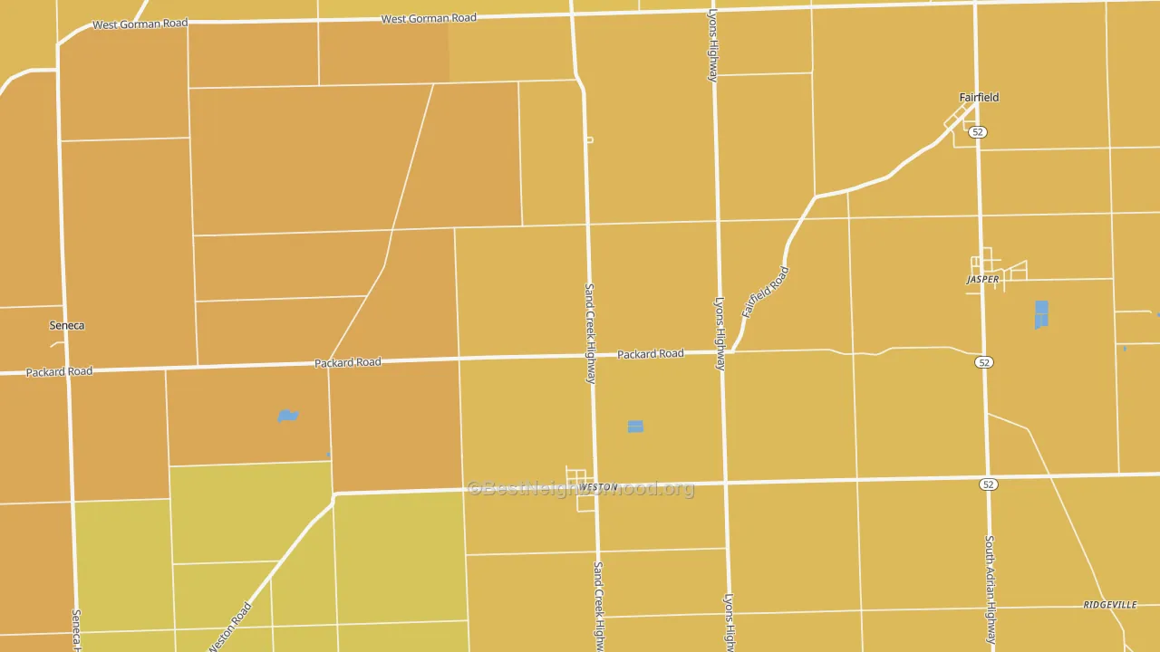 Map of the best neighborhoods in the 49279 area, with better matches in green and worse matches in red
