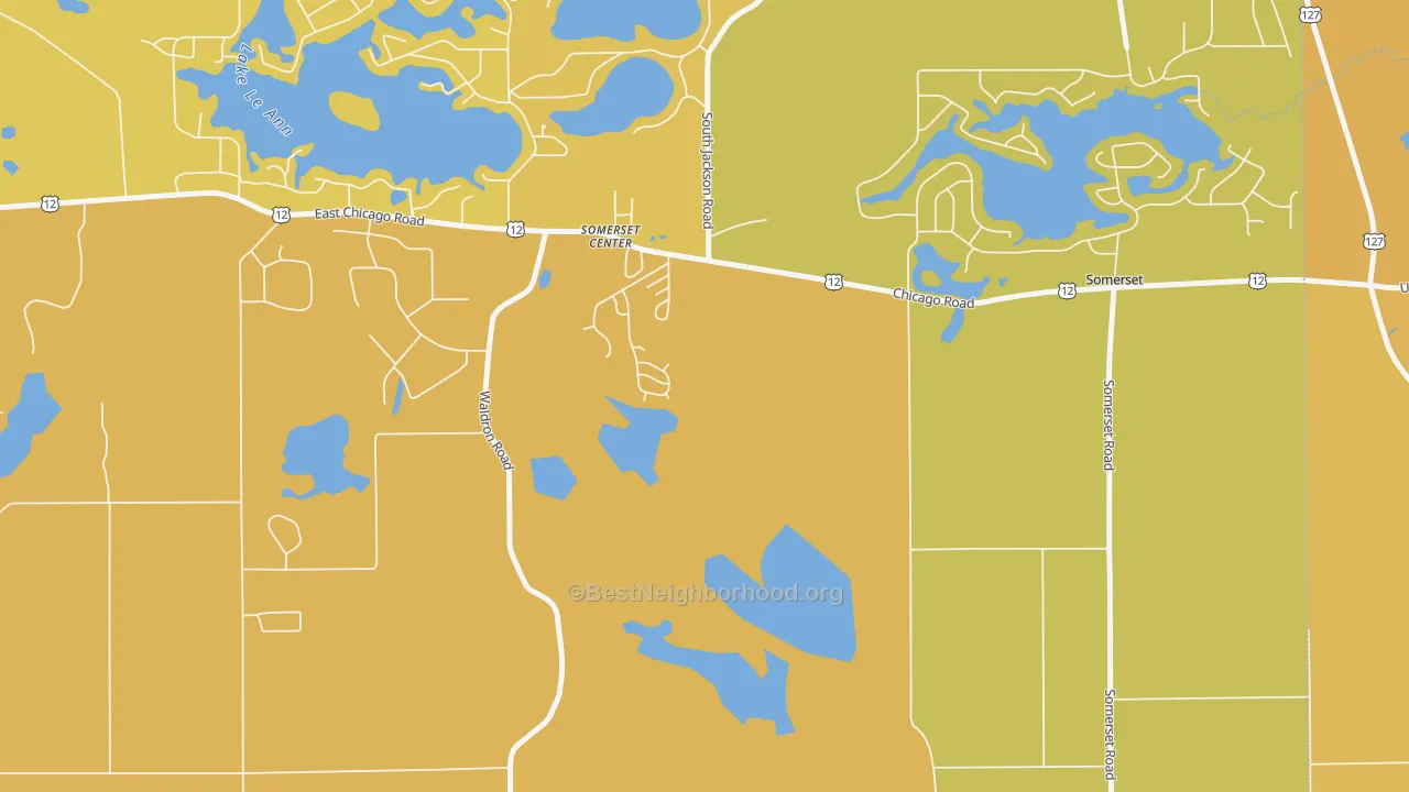 Map of the best neighborhoods in the 49282 area, with better matches in green and worse matches in red