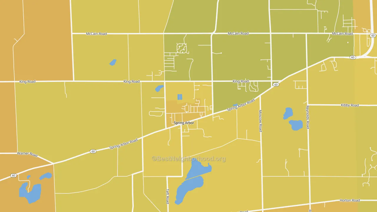 Map of the best neighborhoods in the 49283 area, with better matches in green and worse matches in red