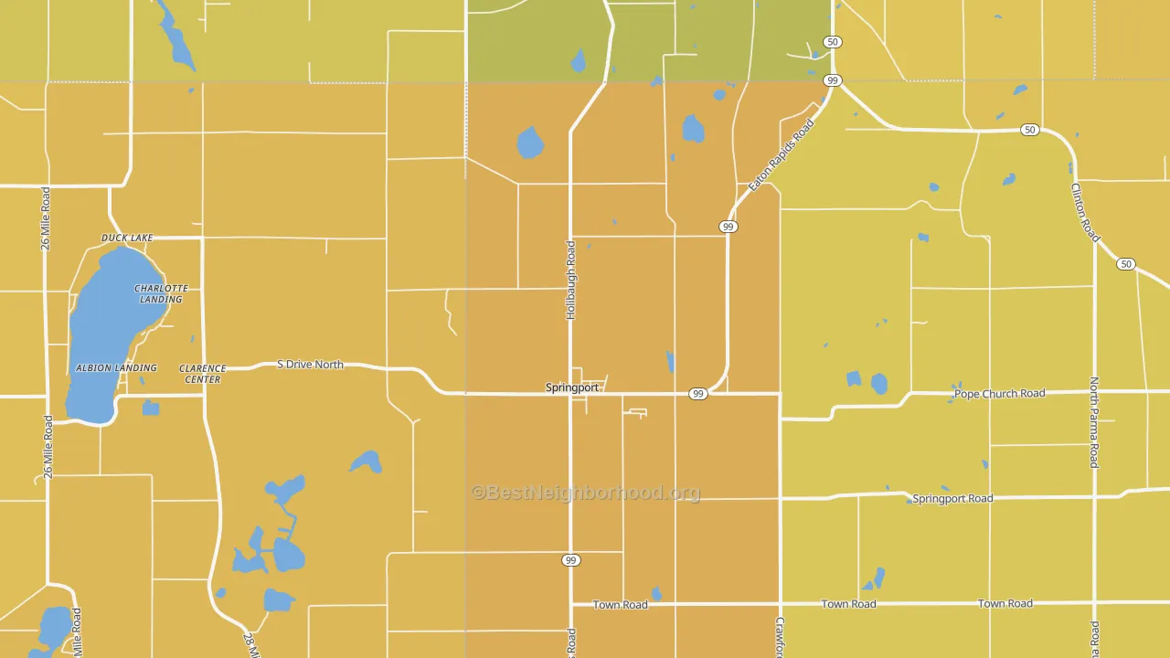 Map of the best neighborhoods in the 49284 area, with better matches in green and worse matches in red