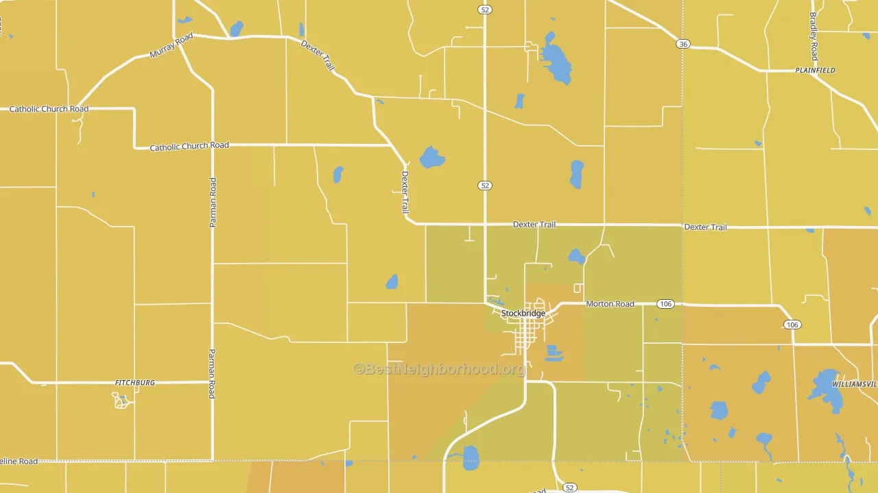 Map of the best neighborhoods in the 49285 area, with better matches in green and worse matches in red