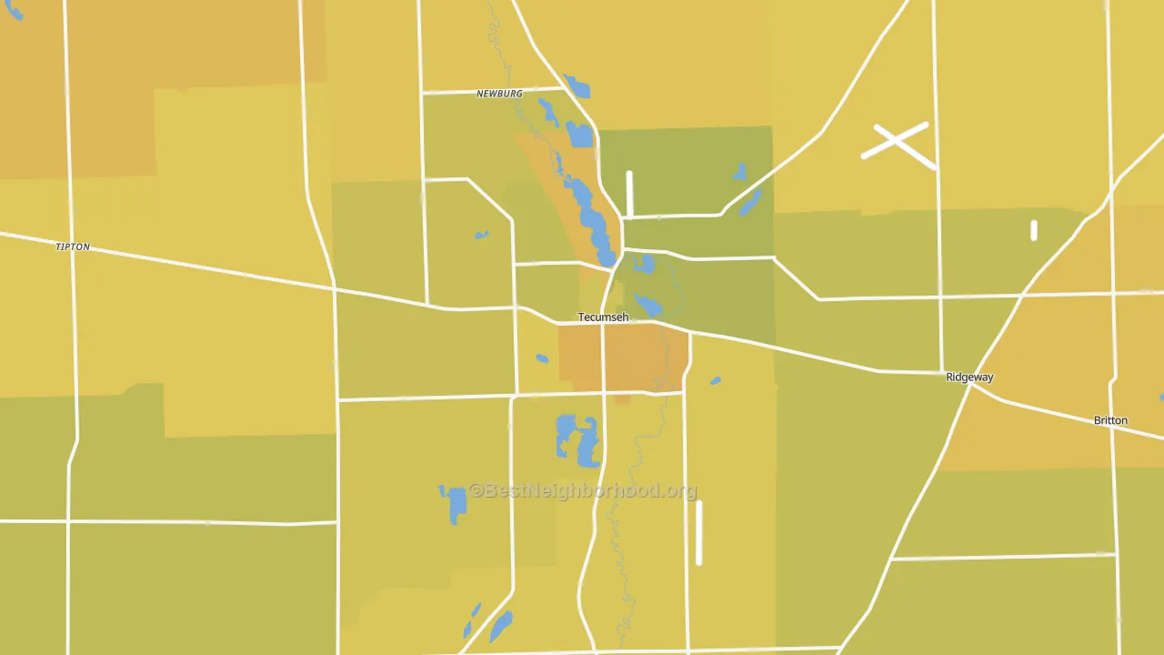 Map of the best neighborhoods in the 49286 area, with better matches in green and worse matches in red