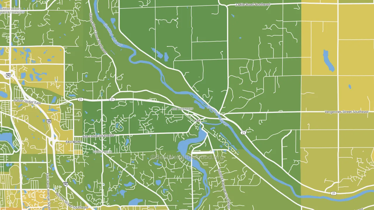 Map of the best neighborhoods in the 49301 area, with better matches in green and worse matches in red