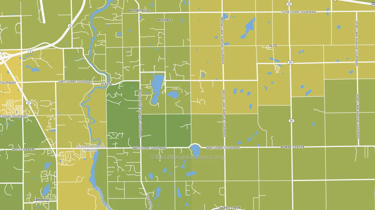 Map of the best neighborhoods in the 49302 area, with better matches in green and worse matches in red