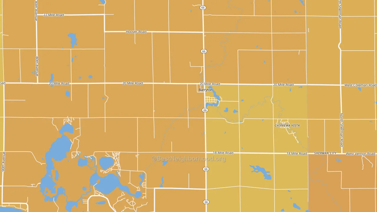 Map of the best neighborhoods in the 49305 area, with better matches in green and worse matches in red