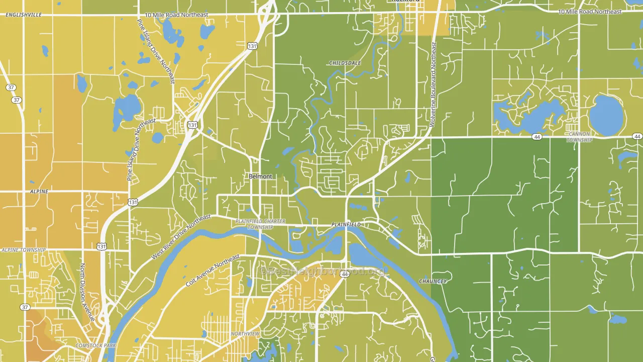 Map of the best neighborhoods in the 49306 area, with better matches in green and worse matches in red