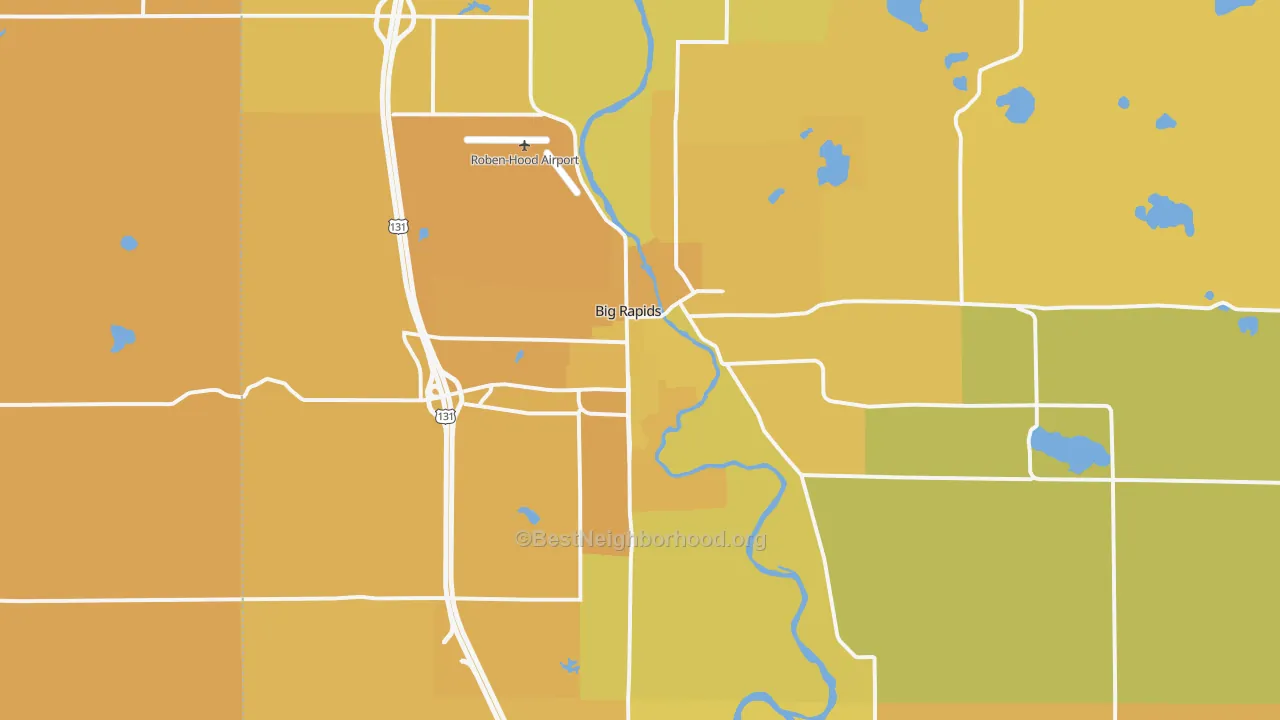 Map of the best neighborhoods in the 49307 area, with better matches in green and worse matches in red