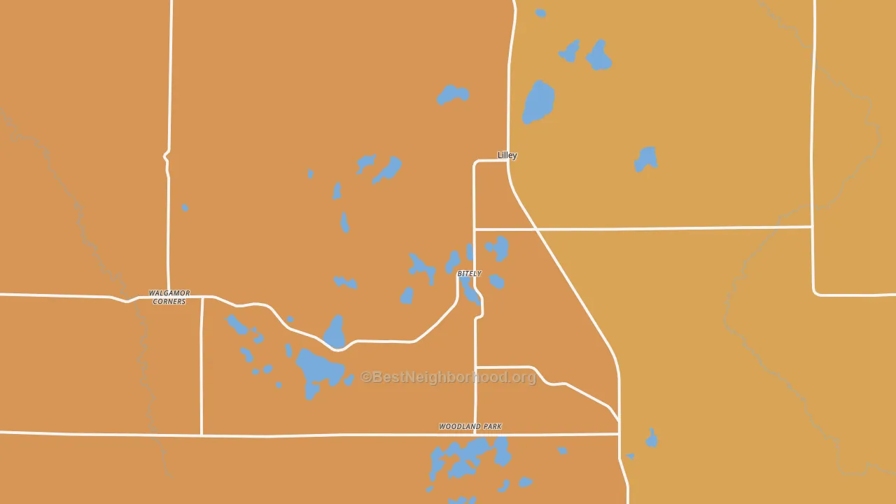 Map of the best neighborhoods in the 49309 area, with better matches in green and worse matches in red