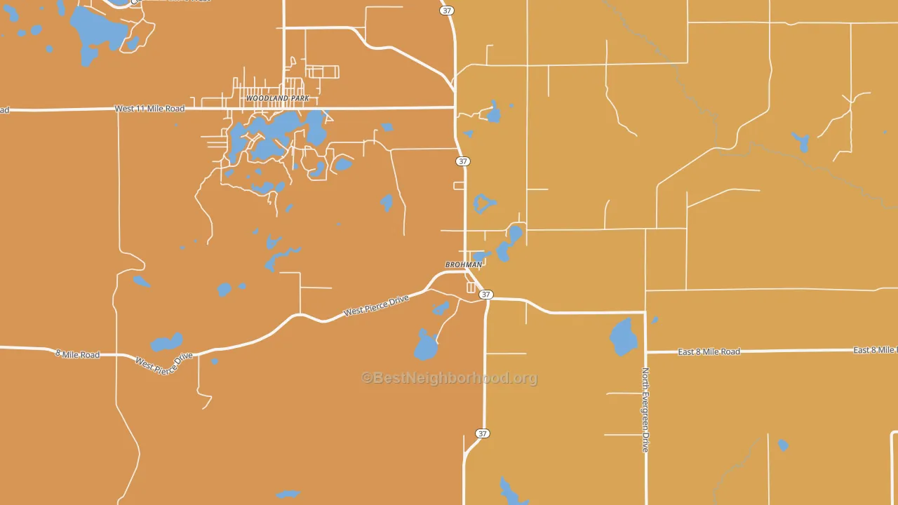Map of the best neighborhoods in the 49312 area, with better matches in green and worse matches in red