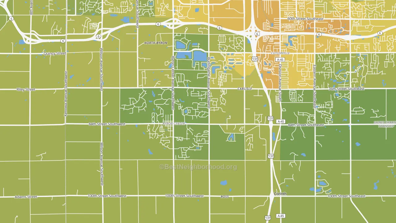 Map of the best neighborhoods in the 49315 area, with better matches in green and worse matches in red