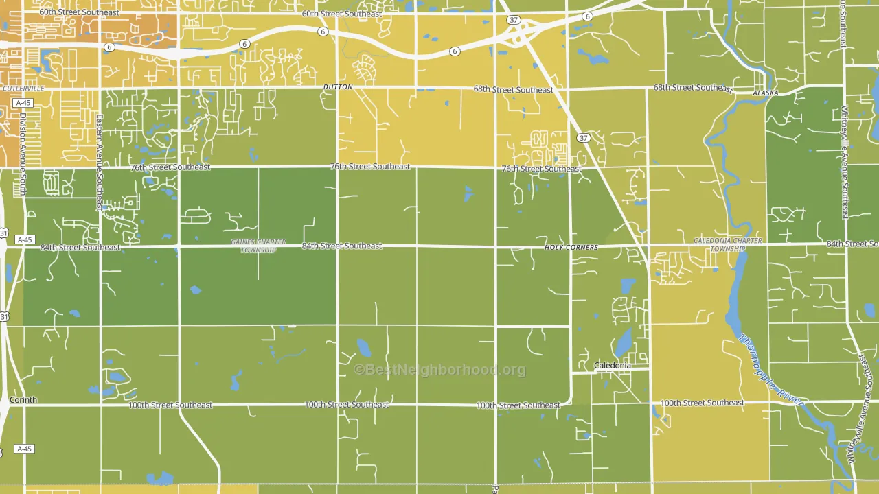 Map of the best neighborhoods in the 49316 area, with better matches in green and worse matches in red