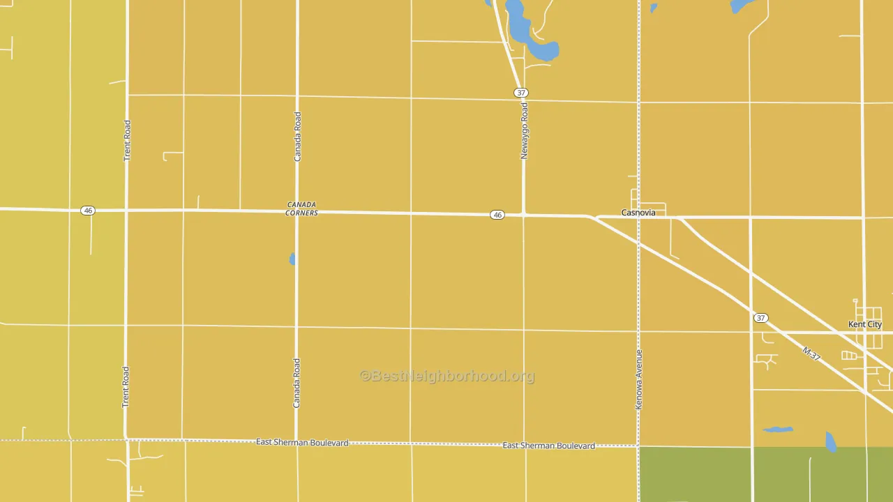 Map of the best neighborhoods in the 49318 area, with better matches in green and worse matches in red