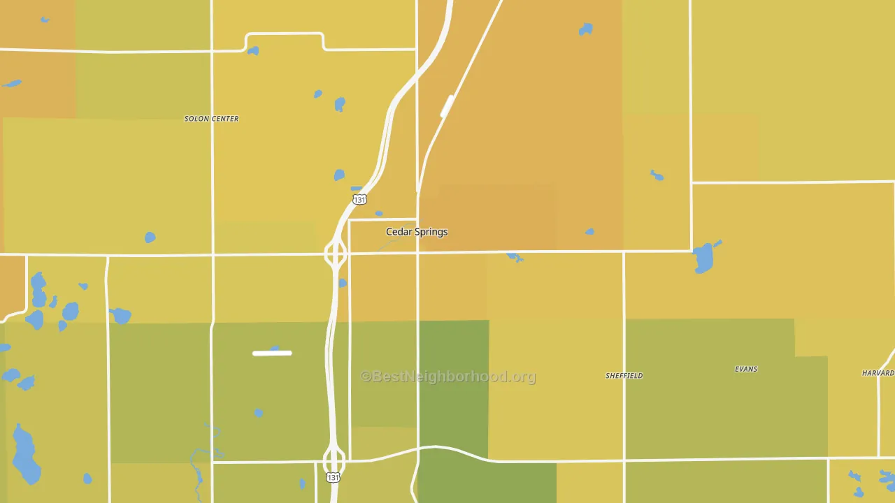 Map of the best neighborhoods in the 49319 area, with better matches in green and worse matches in red