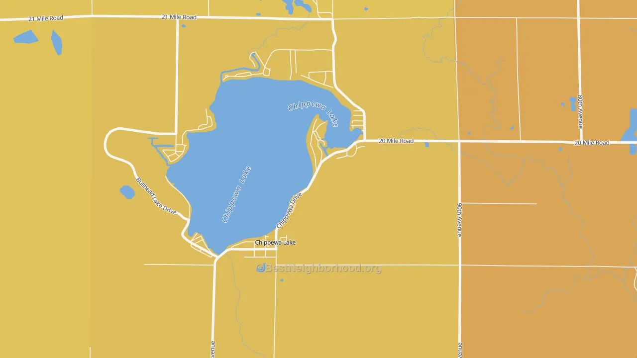 Map of the best neighborhoods in the 49320 area, with better matches in green and worse matches in red