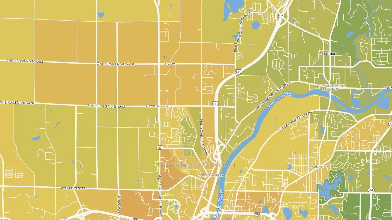 Map of the best neighborhoods in the 49321 area, with better matches in green and worse matches in red