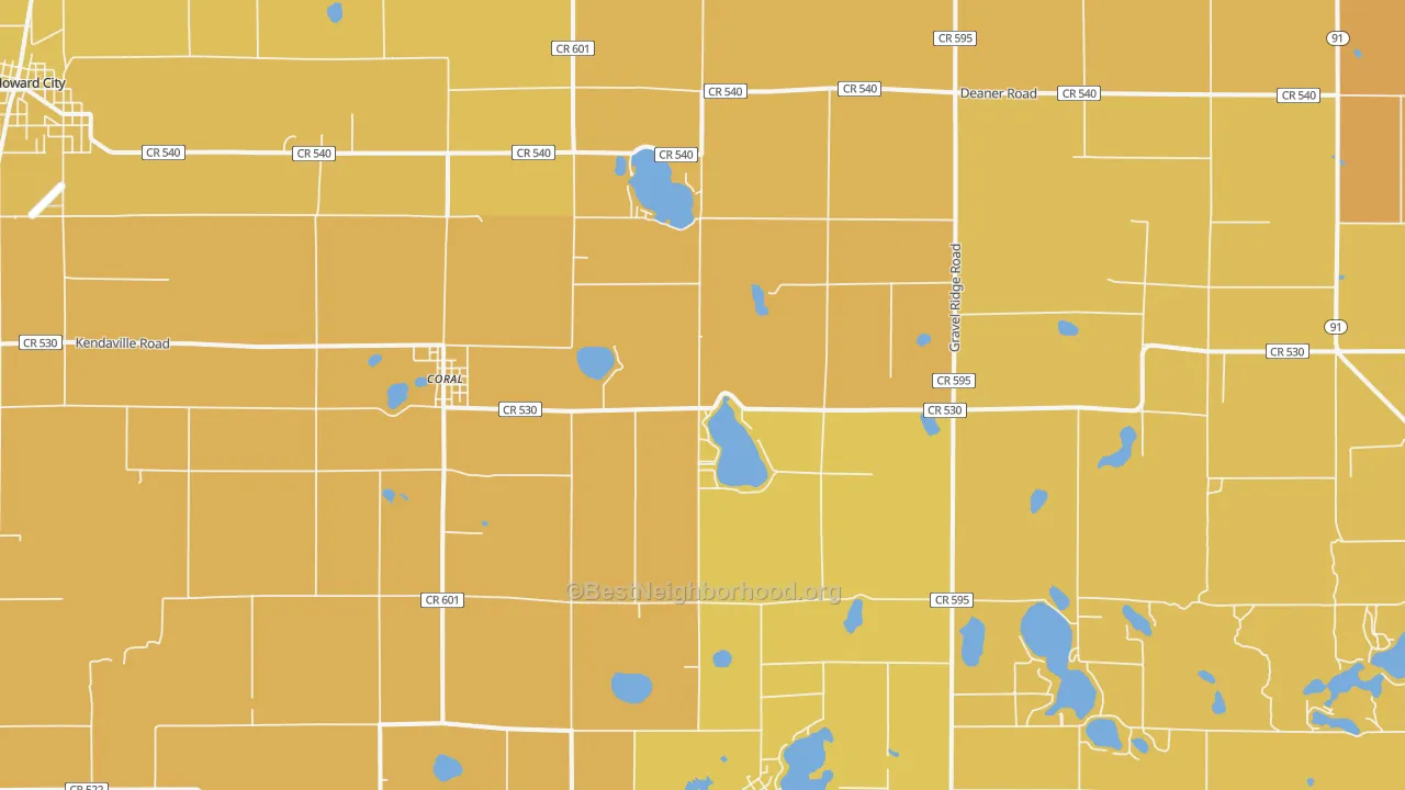 Map of the best neighborhoods in the 49322 area, with better matches in green and worse matches in red