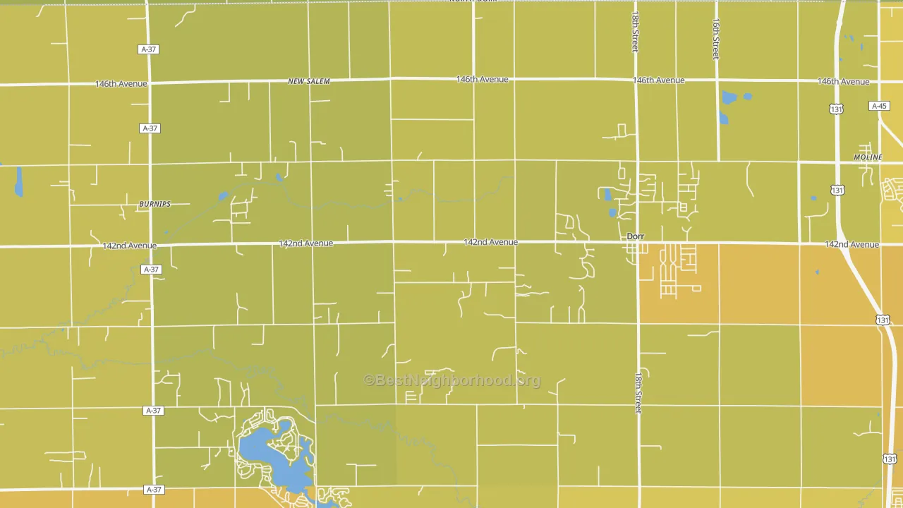 Map of the best neighborhoods in the 49323 area, with better matches in green and worse matches in red