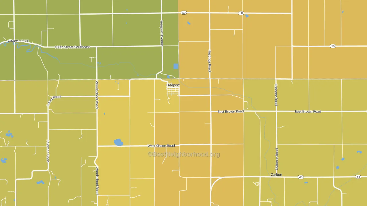Map of the best neighborhoods in the 49325 area, with better matches in green and worse matches in red