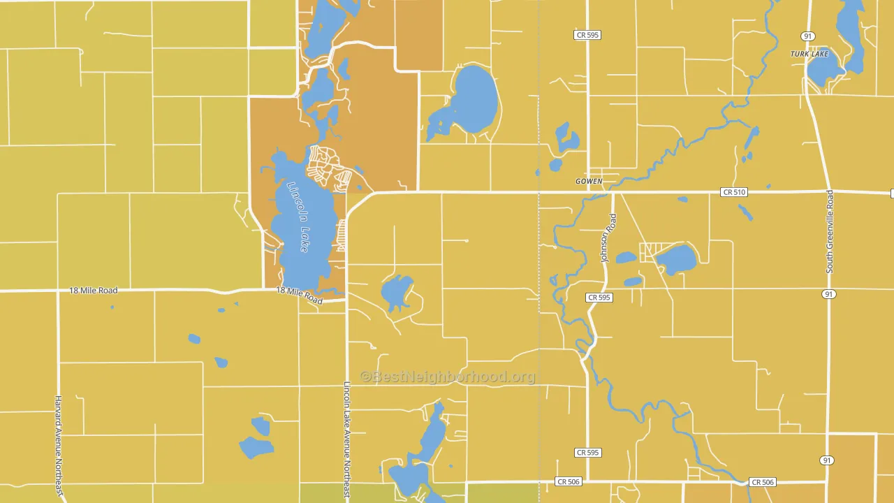 Map of the best neighborhoods in the 49326 area, with better matches in green and worse matches in red