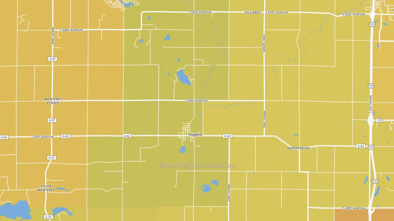 Map of the best neighborhoods in the 49328 area, with better matches in green and worse matches in red