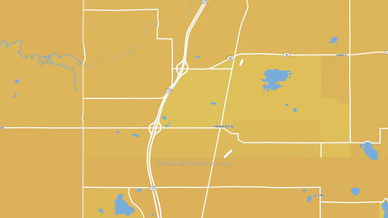 Map of the best neighborhoods in the 49329 area, with better matches in green and worse matches in red