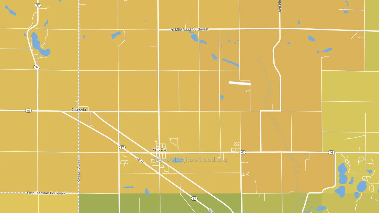 Map of the best neighborhoods in the 49330 area, with better matches in green and worse matches in red