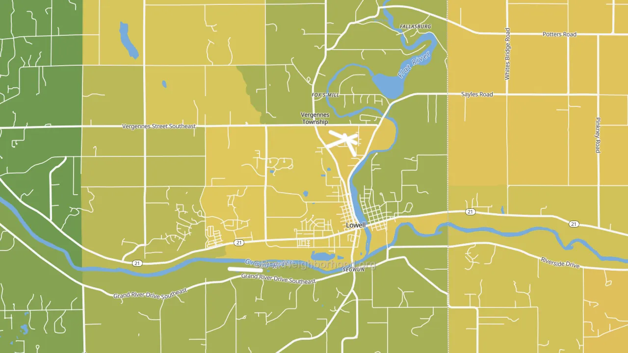 Map of the best neighborhoods in the 49331 area, with better matches in green and worse matches in red