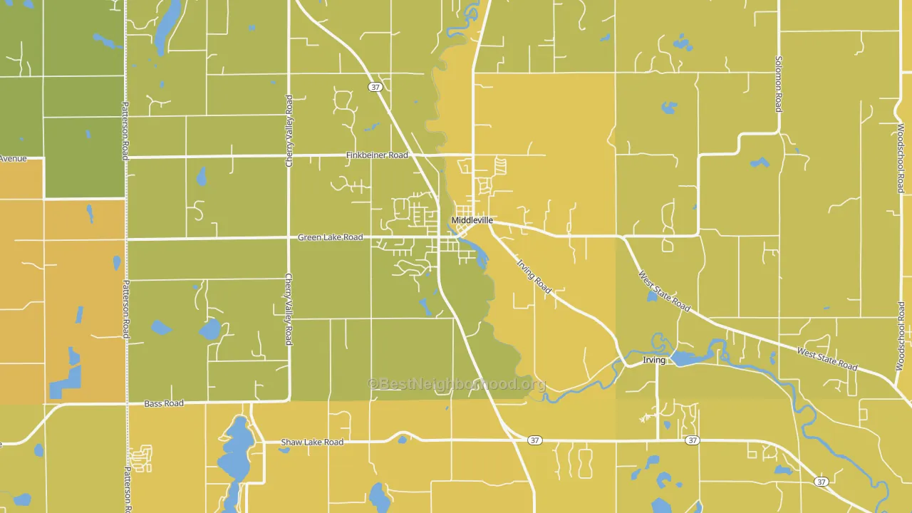 Map of the best neighborhoods in the 49333 area, with better matches in green and worse matches in red