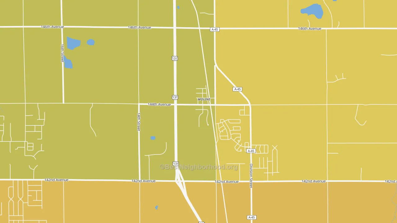 Map of the best neighborhoods in the 49335 area, with better matches in green and worse matches in red