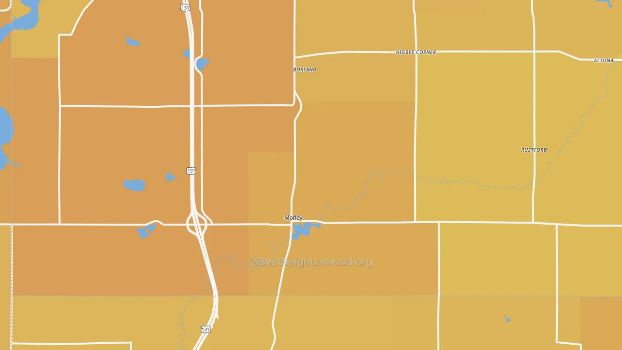 Map of the best neighborhoods in the 49336 area, with better matches in green and worse matches in red