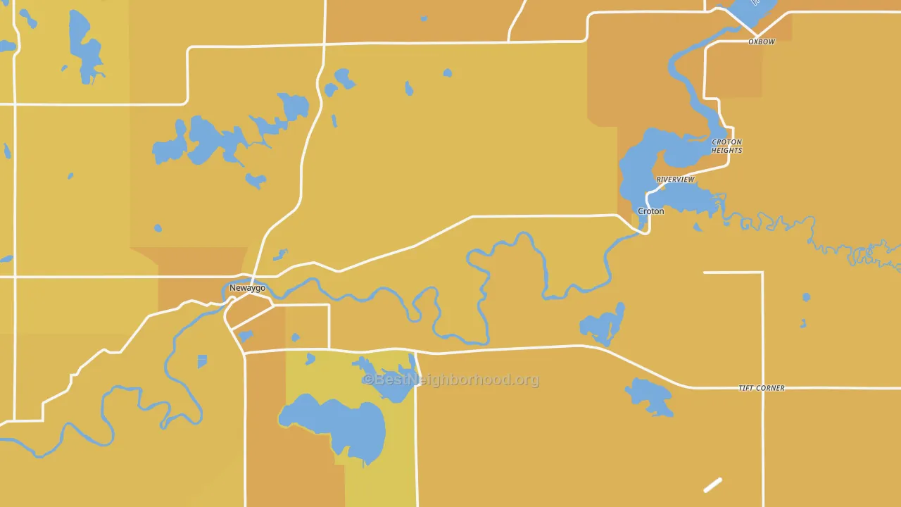 Map of the best neighborhoods in the 49337 area, with better matches in green and worse matches in red