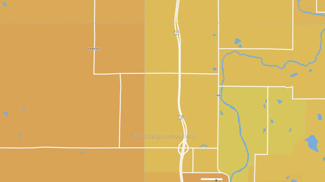 Map of the best neighborhoods in the 49338 area, with better matches in green and worse matches in red